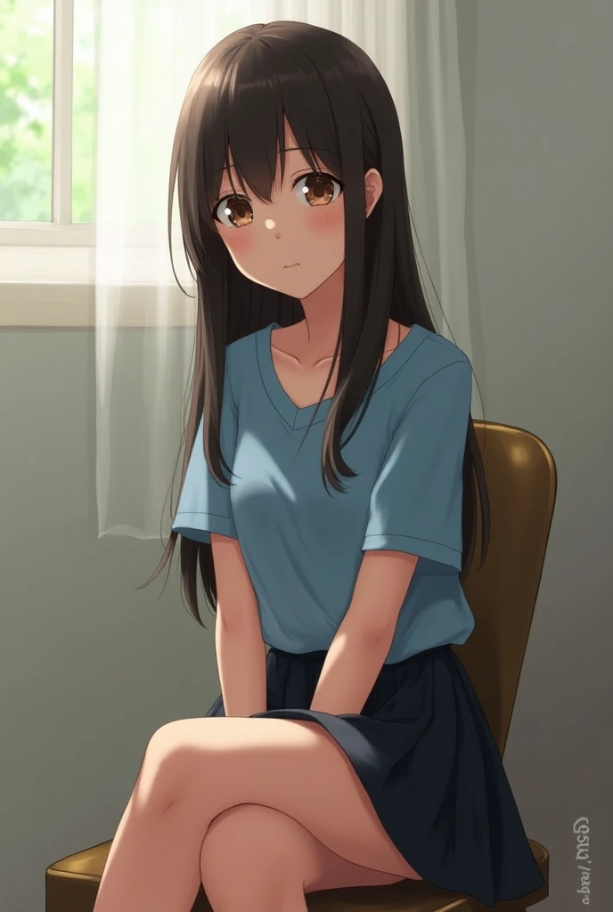  school girl with half  sleeve blue shirt and black skirt on a chair cross leged with long hair color Dark brown with square face type brown eyes and thick and big lips 
