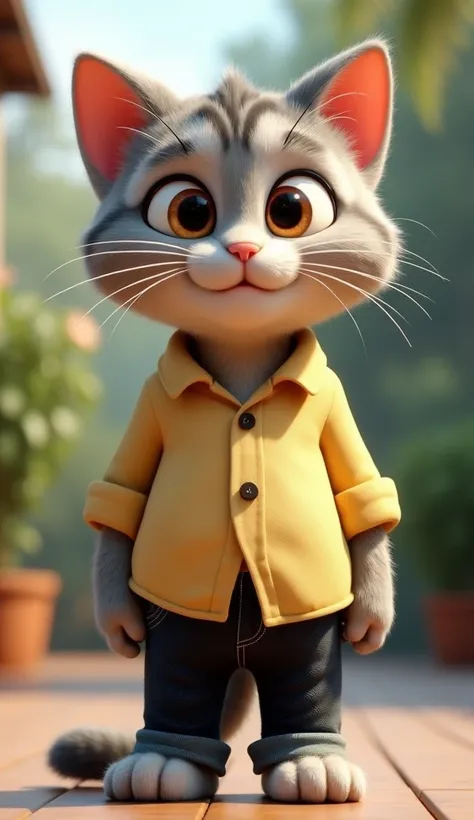 "An animated image of a tabby old tall cat with gray stripes with large, expressive eyes, standing and smiling happily. The cat is wearing a light yellow button-down shirt, black jeans and has a joyful, friendly expression as if engaged in a conversation. ...