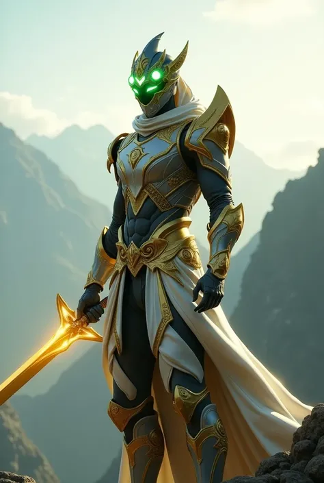 Create a hyper-realistic image. A futuristic, sword-wielding warrior resembling Master Yi from League of Legends. He is wearing sleek, golden and silver armor with glowing green visor lights over his face, which cover his eyes. His posture is dynamic, hold...