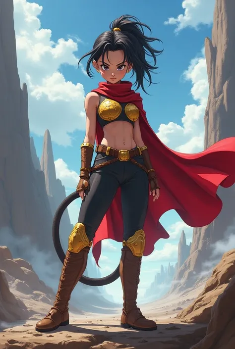 A Saiyan girl and is wearing a Saiyan armor plus has a monkey tail and she is training to be stronger plus she is happy and she finding her true love