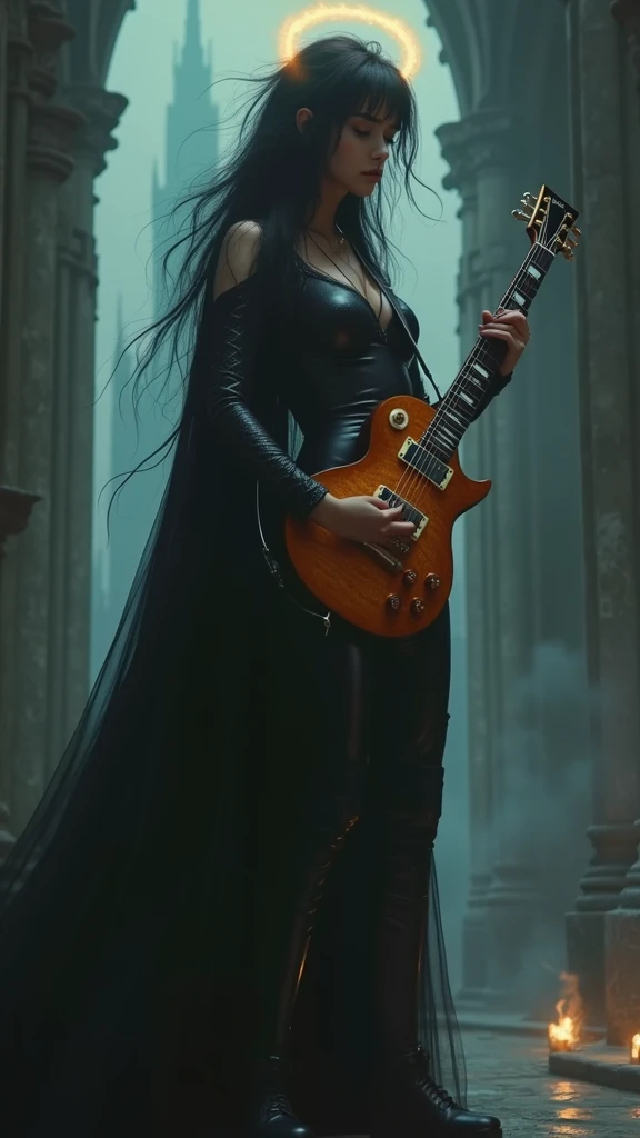 A cinematic medium shot of an anime-style medium shot of an oil painting masterpiece by Mike Mignola. In the foreground, theres a fierce female rock guitarist adorned in a dazzling glittering outfit. She passionately plays her radiant electric guitar, emit...