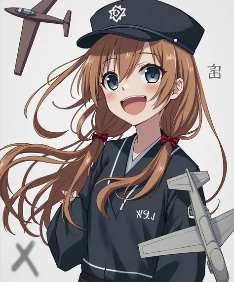 1 girl, Ryūjō (Kantai Collection), alone, brown hair, twintails, peaked cap, open mouth, smiling, aircraft, white background, Japanese clothing, simple background, upper body, long hair