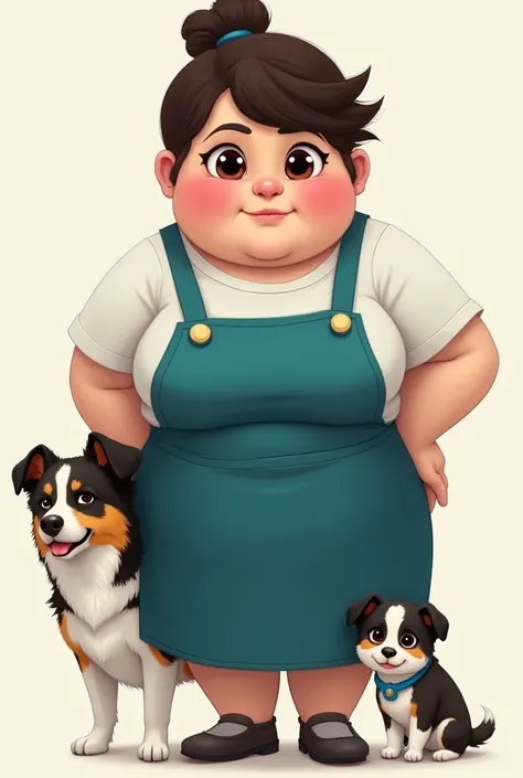  Draw me my type bitmoji I am sturdy , Women, by the wide, fast trigeña, Dark brown hair color , seeds, burgundy lenses ,  teachers apron is like petrol blue and my dog is a mix of small border collie with black brown and blonde colors,  white legs and whi...