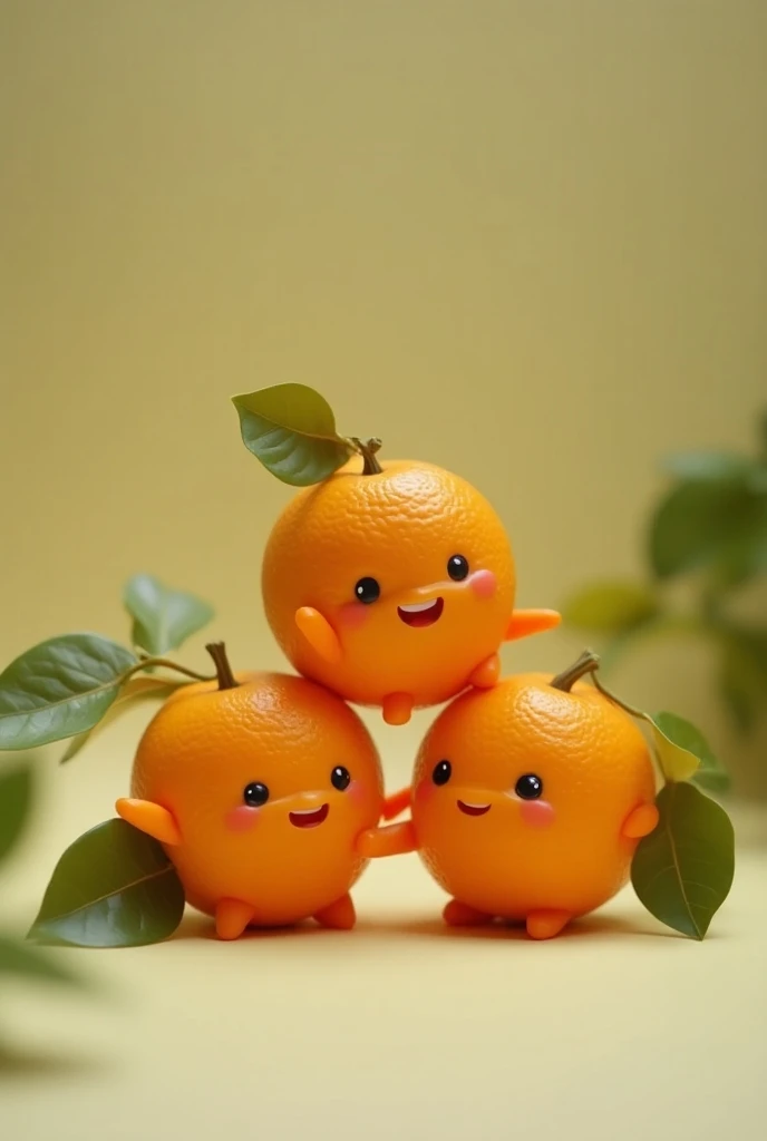 I want it to be something decorative about tangerines ,  I want them to be like three tangerines together playing toy ,  to be modified to be able to use this image in a decoration on a leaf