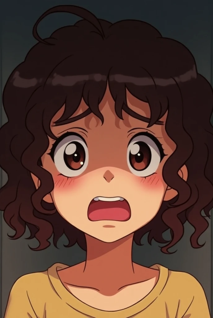  Emote for teitch of a girl with curly brown hair, With a scared face anime style 