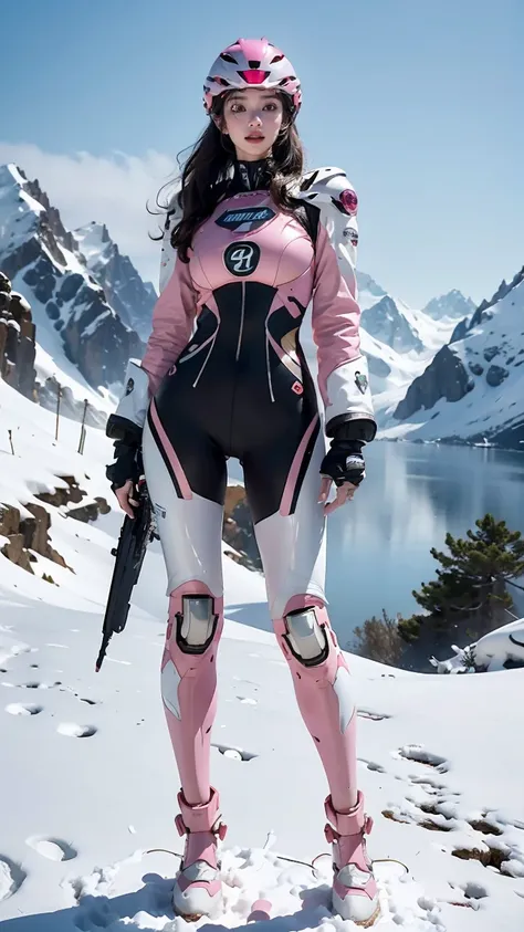 Highest image quality, Highlight details,  ultra high resolution, (Realism: 1.4), Best example, Favor details, Highly concentrated Anne Hathaway, Pretty face, Full breasts,Long legs, wearing a pink all-inclusive bright one-piece gelcoat mecha,Wearing a hea...