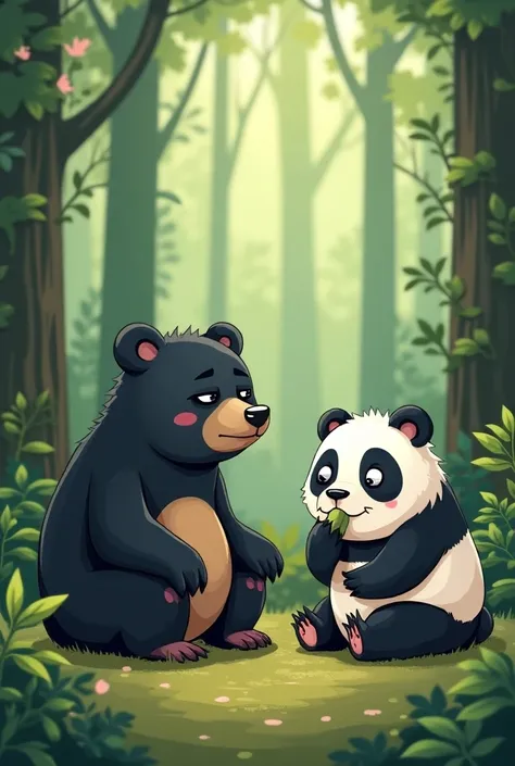 A very tired black bear and a panda in the woods animated img 