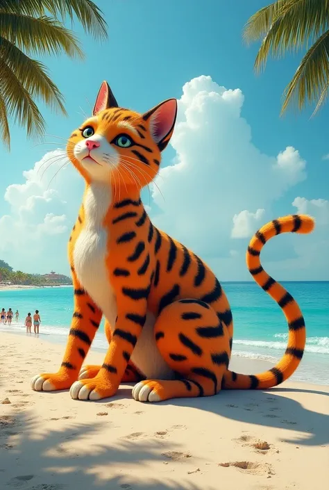 Create a hyper-realistic 4K image of a large, multiple colours cat-shaped 5 crice downward waterslide situated on a sandy beach near the ocean. The slide features vibrant fur patterns in shades of orange, black, and white, with a playful cat pose. Surround...