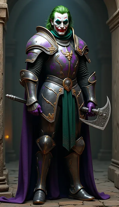 Realistic medieval joker ,  wearing purple and green metallic knight costume ,  merging the characteristics of the Joker hero with the intricate details of medieval armor.  Holding a medieval axe .