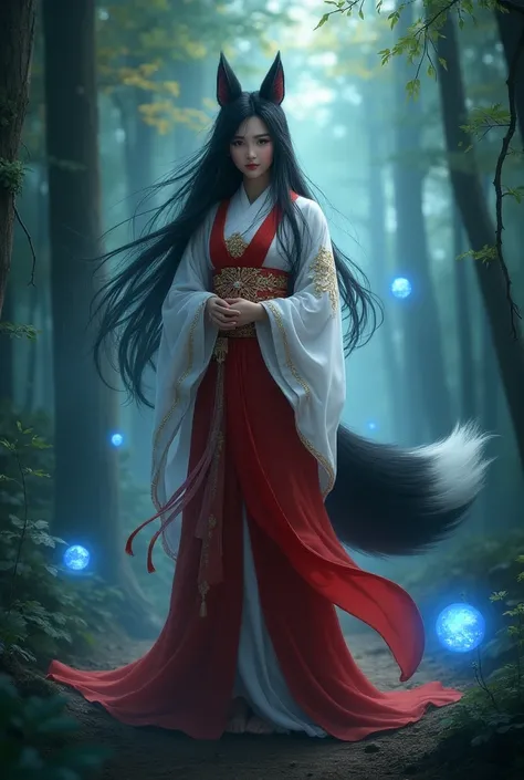 Create a hyper-realistic image. A beautiful korean nine-tailed fox with long black hair, wearing a red and white traditional robe with gold accents. She stands in an enchanted forest, with glowing blue orbs floating around her. --ar 9:16 --v 6.1 --stylize ...