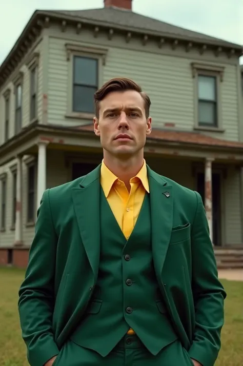 Man wearing green suit with yellow shirt and brown short hair with old house in the background 