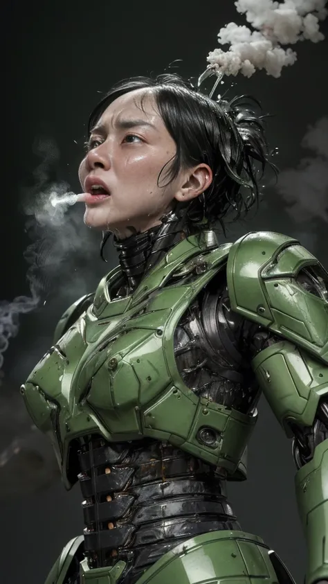 ,  very detailed, Advanced Details,  High image quality , 最 High image quality ,  High Resolution , 1080P 、 smoke coming out of the wound  　Green Armor、  wearing green and black clothes 、cute((全身のSerious damage))(  injured woman in robot suit ...)()(Broken...