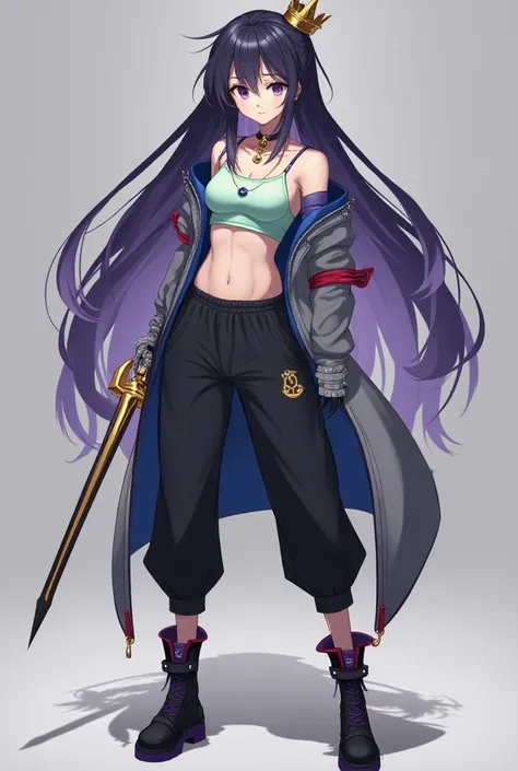 Adult anime girl,  long black hair with purple gradient , ojos morados,  white skin.  Wear a gray jacket with blue edges ,  pastel green t-shirt that leaves your navel exposed,  gray gloves with red edges , black sports pants,  black boots with purple sole...