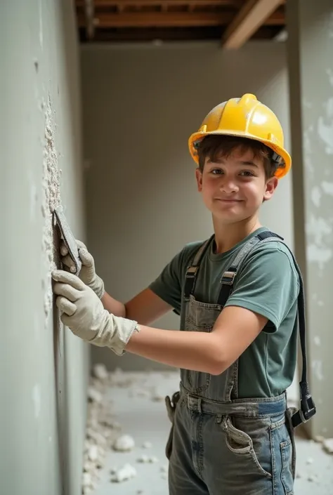 several images of a young construction worker repairing a wall with plaster, realistic