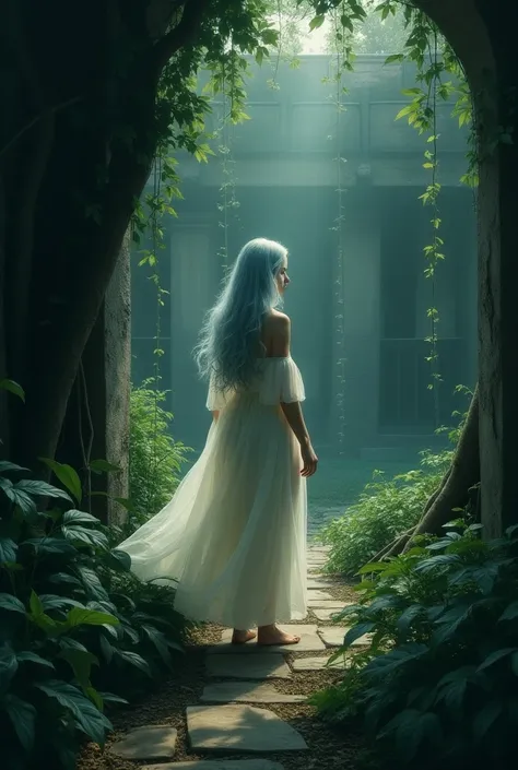 Create an image of a young woman with long hair and an almost white blue robe walking through the wooded interior gardens of a dark house