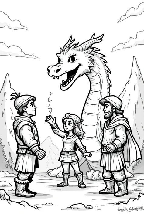  Create a black and white illustration with 3 heroes 2 men, an elf and a gentleman and a female female female magician ,Make a drawing that is more scrawled and more human add a dragon and make it more cartoonized,Make it easier to draw,More cartoonized an...