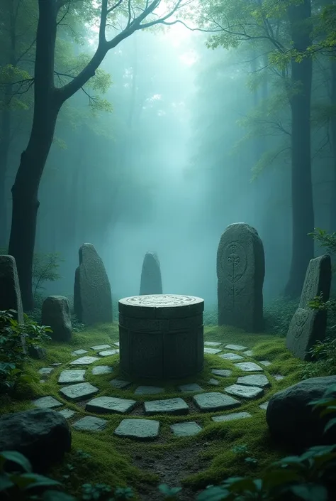 Stone circle in the forest with a stone altar in the midst of fog 