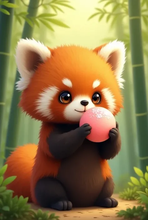 Kawaii red panda sitting with a mochi in his hands