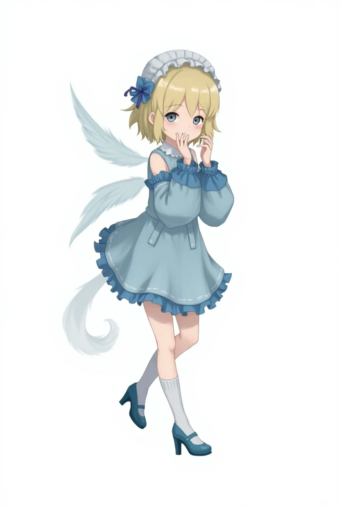 Uekura,  1 girl, Blonde,  White background , Have, dress, Blue footwear, Wings, Simple Background, signature, flower, nail polish, wide sleeves, Long sleeve, , animal,  White Flower , Alone, Full Body, bird,  staring at viewers , High heels, Put your hand ...