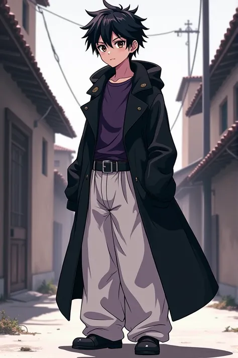  He is a 15-year-old boy of short height , 1.59 tall, thin,  a black coat and underneath that coat a dark purple shirt , He wears wide white pants , He wears a black wrestler belt tied around his waist , He has dark brown eyes ,  short frizzy black hair . ...