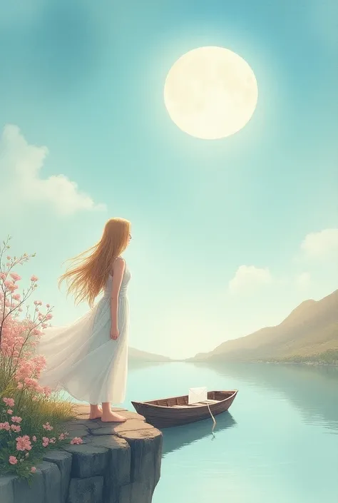 Delicate watercolor drawing of a blonde woman with straight and long hair flying in the wind,  is standing on the edge of the precipice looking at the moon  ! She wears a white dress that rocks in the wind !  Rio de Aguas Mansas with a small wooden boat , ...