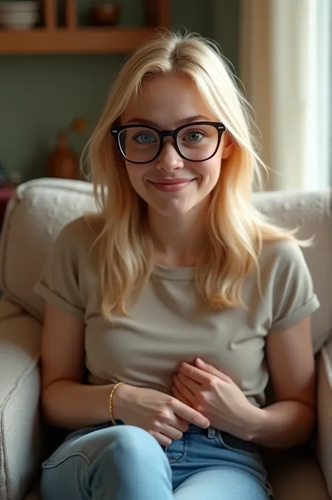 A girl farting, sitting on the sofa, She is blonde and wears glasses