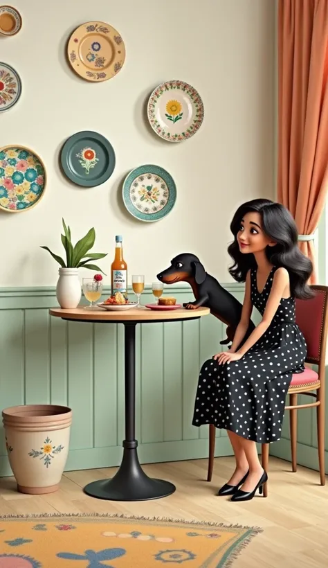 Disney Pixar , Wall of plates , round table ,  mixed-race woman black dress with white polka dots wavy hair , Black daschround dog  