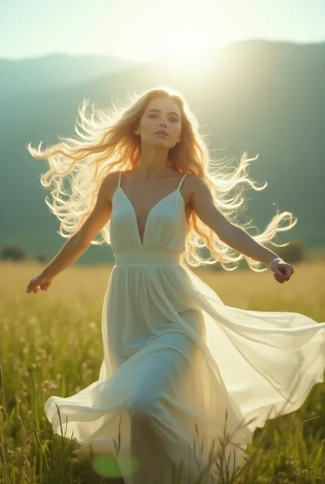 a blonde woman with blue eyes,  camera with a symmetrically perfect straight side hexagonal face, full lips, beautiful and perfect body,  of a mystical and modern white dress , Dancing in an open field,  incorporating the elements of nature .  Her clothes ...