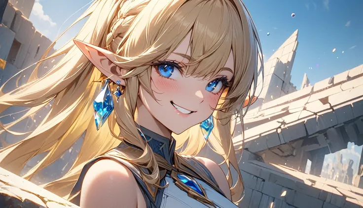  perfect eyes, Soft light, High image quality, 4K resolution, masterpiece,  textured skin,  and is particular about every detail, Detailed face, Detailed eyes, Best Quality, Super detailed, High image quality, Elf, Golden Hair, Half Up,  pointed ears,  cry...