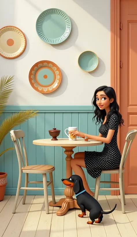 Disney Pixar , Wall of plates , round table , Mixed race black dress with white polka dots wavy hair , Black daschround dog  