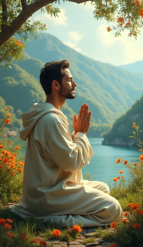 A kneeling man praying in beautiful surroundings 