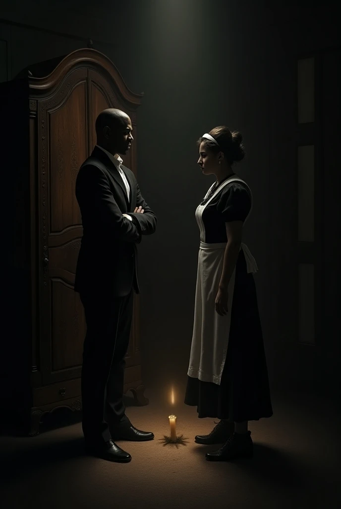  A dark, gloomy room next to a wardrobe in the Earnshaw mansion.
A BLACK MAN AND A WHITE MAID , THE TWO STANDING AND TALKING SEPARATELY

- A candle burning on the nightstand casts shadows on the walls.