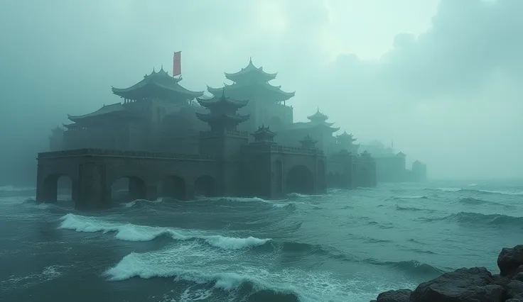  The image of Shi Cheng being slowly engulfed by the waters .  The waves of the lake advance over the city walls and temples ,  slowly covering the stone buildings . The atmosphere is of farewell ,  a sense of melancholy as the city disappears into the dep...