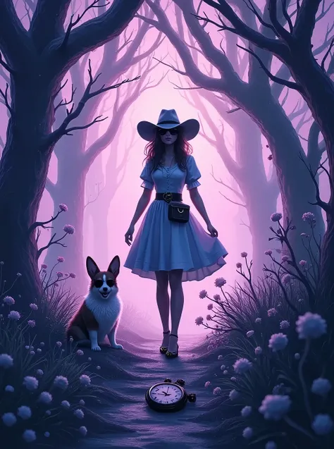  Light Purple Gradation Background Mysterious Old Pocket Watch Scattered 、Deep in the Forest with Mysterious Branches Tangled 、Alice in Wonderland, a beautiful Western-style woman with sunglasses, a cute rabbit and a smiling cute corgi dog in sunglasses, a...