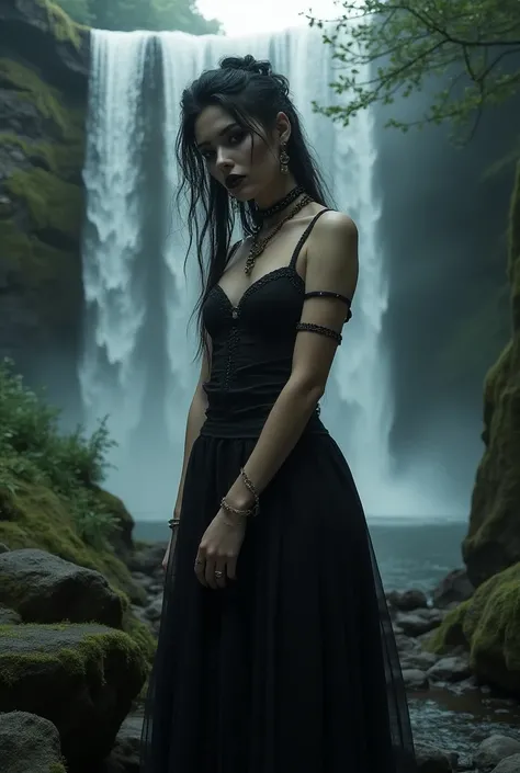 Woman, rebel, free spirit, gothic style,  landscapes waterfall next to rocks, closeup 