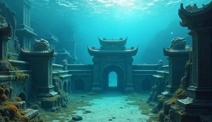   An impressive underwater view of the city of Shi Cheng ,  with its walls and sculptures of dragons and lions visible under crystal clear water.  The detail of the stone buildings ,  arches and gates still intact , covered by algae and corals .  Sun rays ...