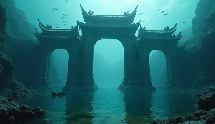  A dramatic view of Shi Chengs monumental submerged gates,  with intricate details of featured dragon sculptures . The surrounding water is calm ,  with fish swimming around ,  conveying a sense of tranquility and majesty .  The atmosphere is one of respec...