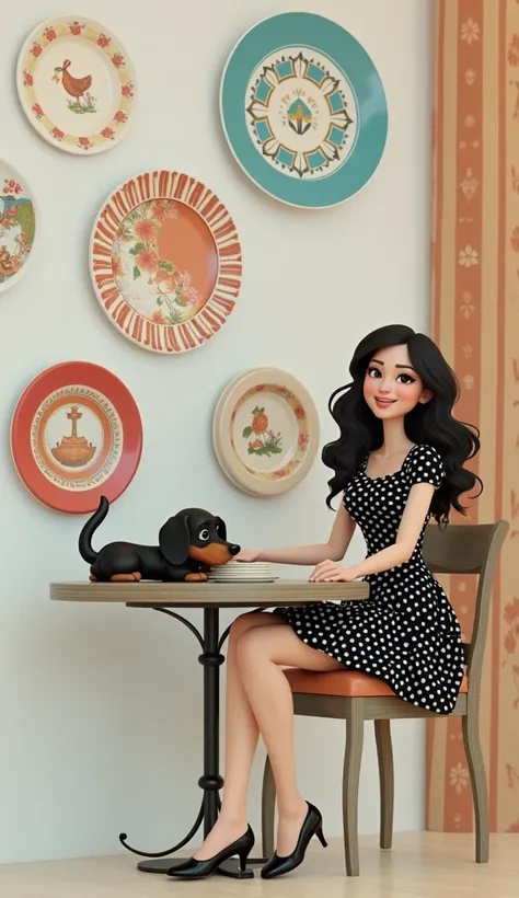 Disney Pixar , Wall of plates , round table , Woman dressed in black with white polka dots wavy hair with black daschround dog on her lap 