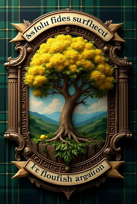 Scottish clan style crest with a rising lemon tree and the word "REVIRESCO "  on the bottom and  "sola fides sufficit" At the top.