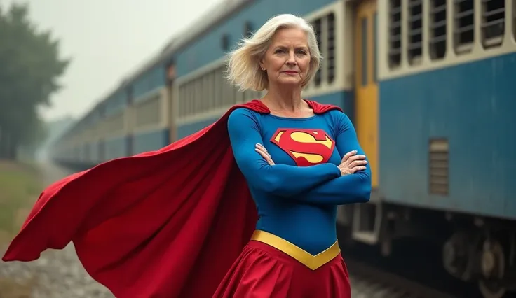  Supergirl DC Comics (((Supergirl turning towards the train and stretching out his hand, white hair, 50years old)  (((very beautiful old Superwoman (((clothing faithful to 1984s Helen Slater Supergirl movie costume))) Julie Hagerty))) Super woman Julie Hag...