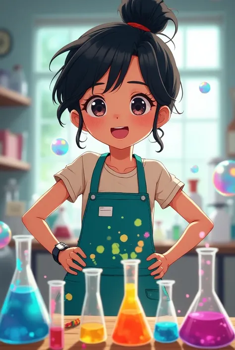 *Carla, a girl with an apron stained with paint and tied black hair 
In a bun,  is experimenting with test tubes and colored bubbles .*  
**Carla (con las manos en las caDeras):** "Nothing like learning by doing !  My hands are always busy! !" The anime st...