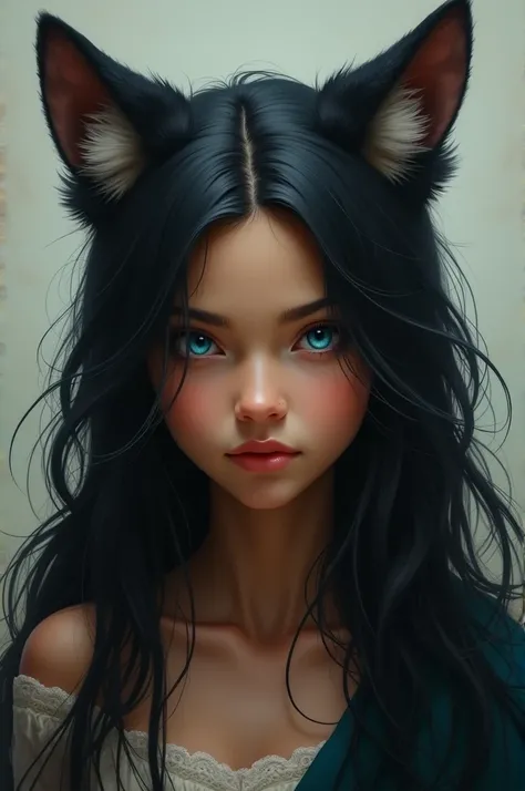 Girl with black hair wolfs ear color black brown skin blue eyes 