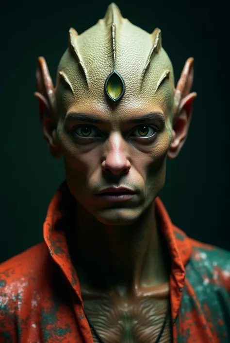 Hybrid handsome male human-alien, male 30 years of age, human facial structure, normal mouth, slightly enlarged eyes close together, iridescent skin, lizard-like skin, intricate patterns on forehead, large ridges on forehead and nose, alien jewellry on for...