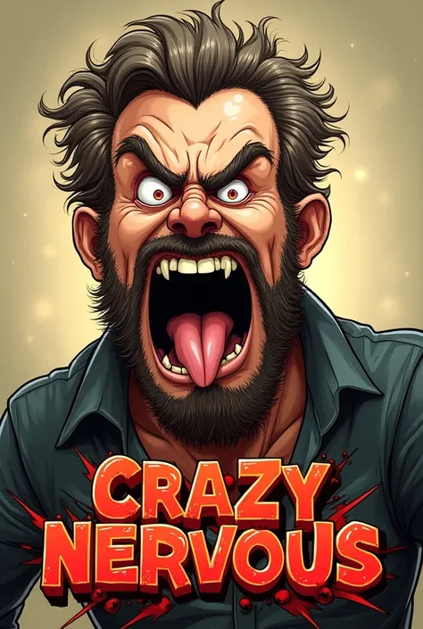 Funny caricature-style cartoon of a mad, angry middle aged man, with ruffled hair thick eyebrows , bearded,  the guy screaming in anger and written underneath the crazy nervous logo in red in explosive letters giving a sense of madness but with a clear und...