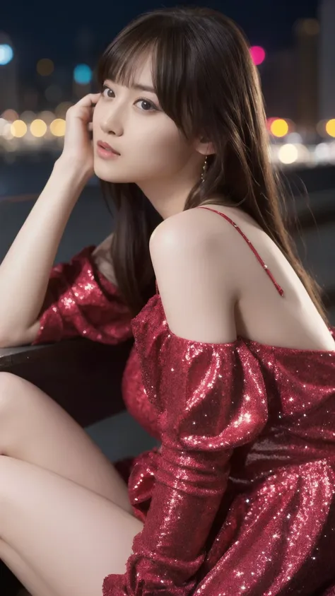 1girl,(wearing a red glittery evening mini dress:1.2),((loose strap)),(raw photo, best quality), (realistic, photo-realistic:1.4...