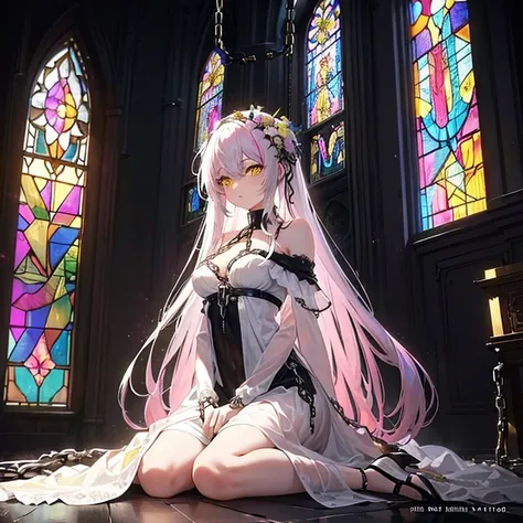 (Withered Flowers), ((masterpiece)) ((Best Quality)), Official Art,  Beautiful and Aesthetic : 1.2), (1 female),  very detailed, colorful, Long white pink hair, Yellow Eyes. Asymmetrical Dress. Dark Cathedral. Stained Glass Art. ((Chained to a room)) ((Wea...