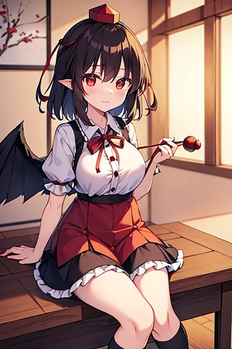 shameimaru_aya_(touhou), red_eyes, black_hair, red_tokin_hat, pom_pom_(clothes), white_collared_shirt, black_ribbon, frilled_black_skirt, black_kneehighs, red_tengu-geta, pointy_ears, wings, hauchiwa, holding, izakaya, christmas_room, food