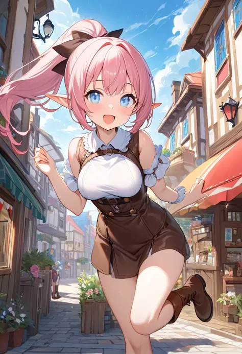 Best quality painting 、8k、Ultra-precise image quality、Young girl、Very cute、Normal size breasts、Slender body、bright pink half up、Light blue eyes、Elf Ears、A vibrant town、Cheerful pose、 brown leather boots 