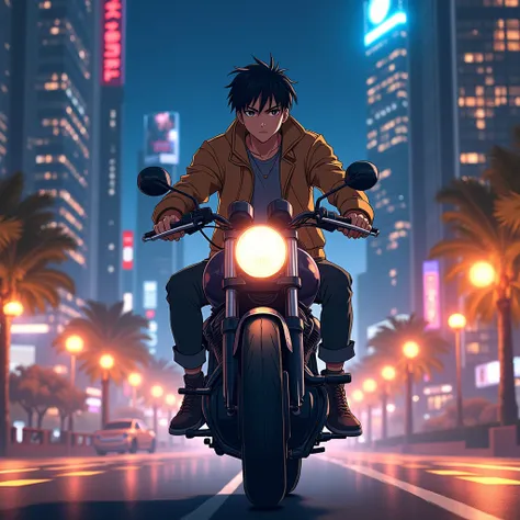 TcolonolonolonolonolonolonolonolonolonolonolonolonolonolonolonolonolonolonolonolonolonolonolonolonolaT The 10 feet Tall Short black haired anime boy with black eyes handsome Motorcycle Rider riding on a track with a beautiful warm summer night City landsca...