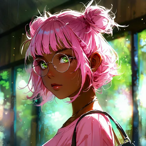 (Very good: 1) beautiful, slender and pretty woman, short messy pink hair with green tips tied in two loose buns with strands coming out, two strands highlighted in front of the ears, brown skin, dark pink t-shirt, thin circular glasses, green eyes, black ...